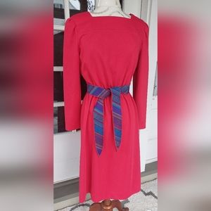 Vintage Red Long Sleeve Dress with Blue Belt